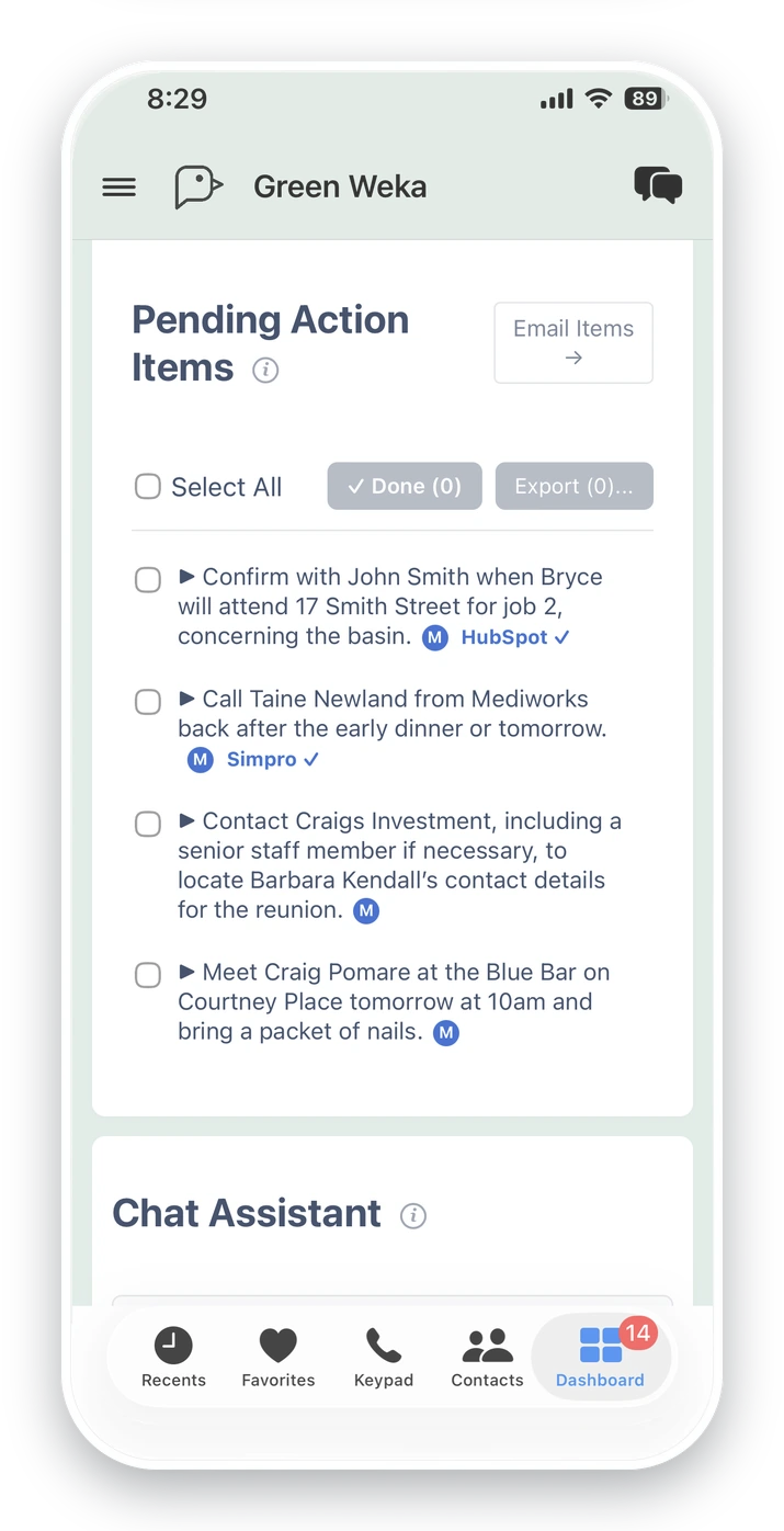GreenWeka app showing action items captured from calls